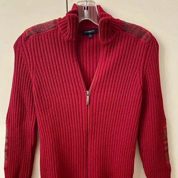 Burberry Zip Up Sweater Cardigan Raspberry Red Size S 100% Wool